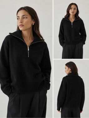 Aritzia Babaton 100% Merino Wool Heavyweight Half Zip Sweater Black